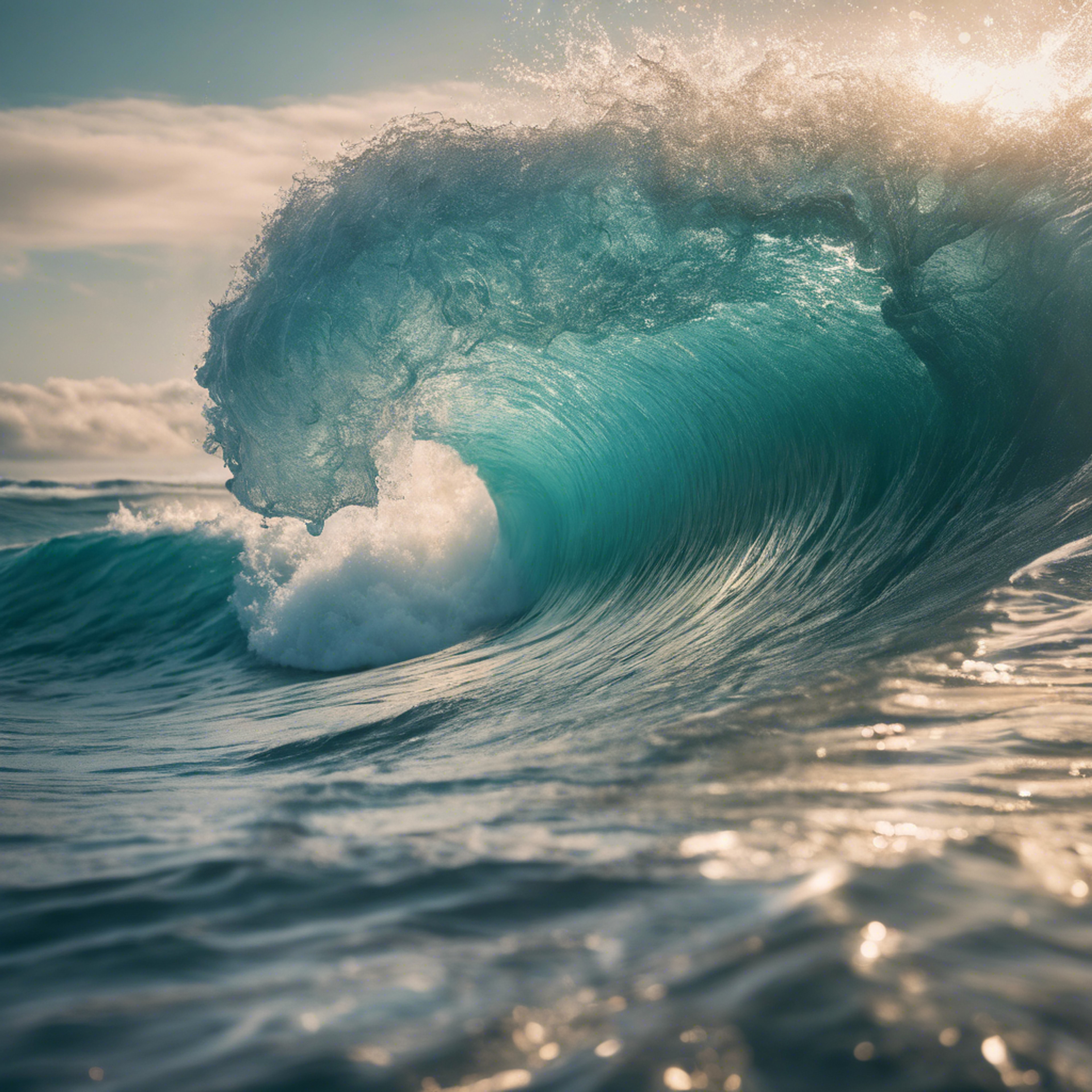 A powerful ocean wave about to crash, casting a cool teal hue. Tapeta[600fa377246440af9acb]