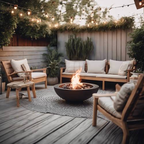 Modern Scandinavian patio featuring wooden outdoor furniture, neutral-colored cushions, and a fire pit.