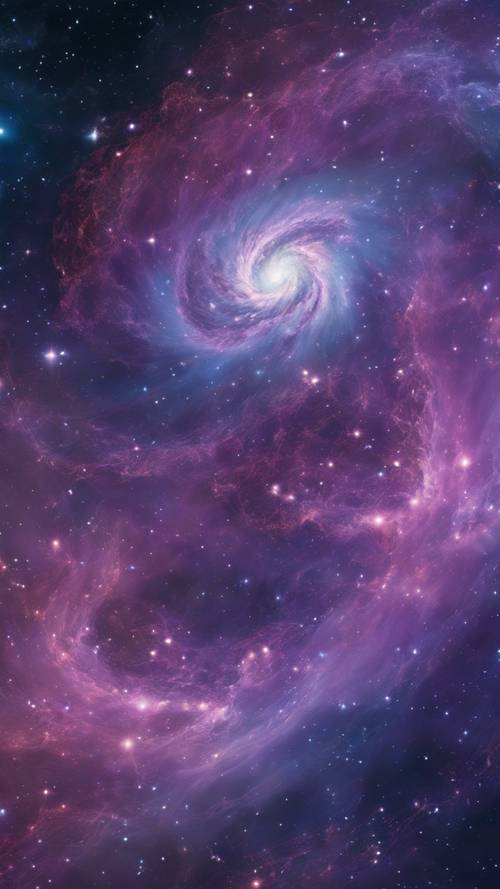 Une nébuleuse tourbillonnante, irisée de nuances de violet et de bleu, berceau des étoiles, sur fond d&#39;un cosmos rempli de poussière d&#39;étoiles.