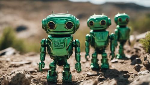 A group of green metallic androids exploring a post-apocalyptic landscape. Tapet [b2165c336c1548fab88a]