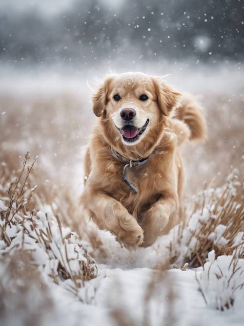 Ein Golden Retriever springt freudig durch ein schneebedecktes Feld, sein Fell ist weiß bestäubt.