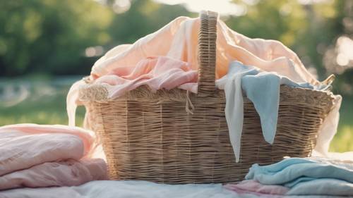 Baskets filled with freshly laundered, pastel-colored linens in the summer breeze.