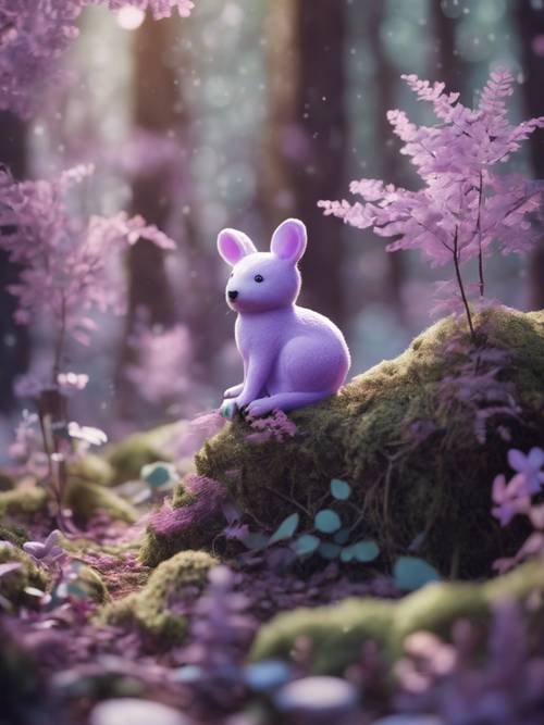 A light purple, whimsical forest filled with kawaii-style woodland creatures.