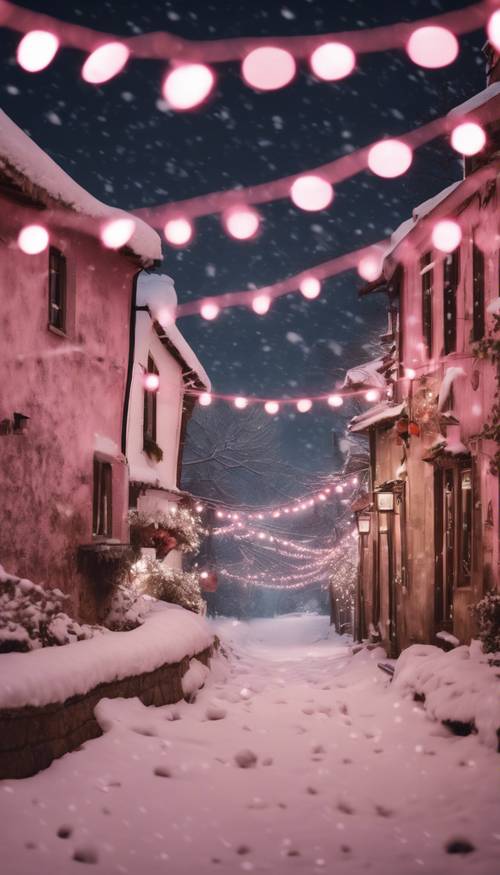 Luminose e allegre lucine rosa illuminano un sonnolento villaggio innevato.