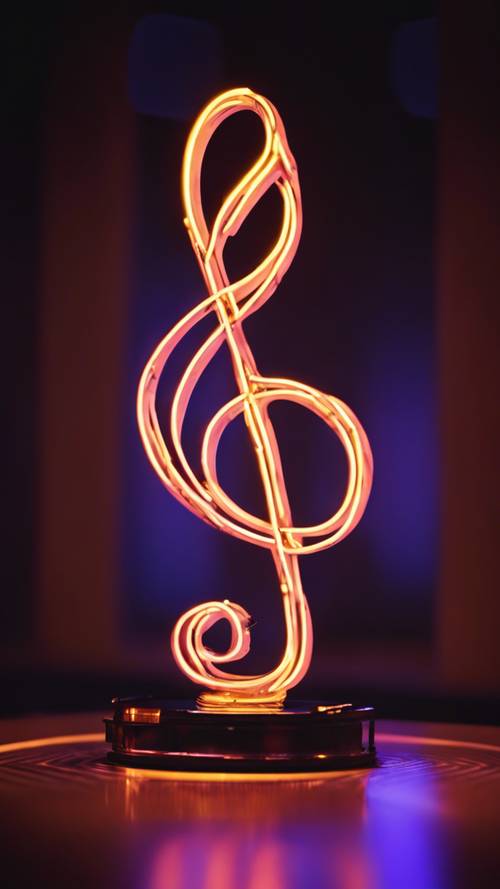 Um letreiro de néon em forma de clave de sol, brilhando vibrantemente em um estúdio de música escuro.
