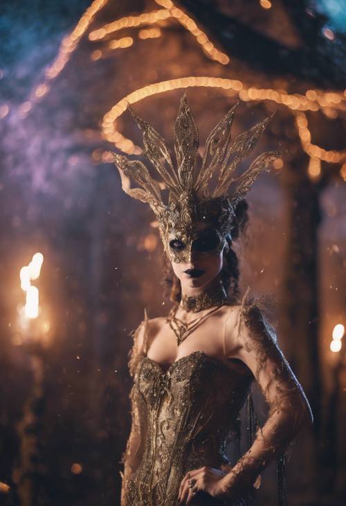 A mysterious enchantress standing at the entrance to a magical Halloween masquerade ball.