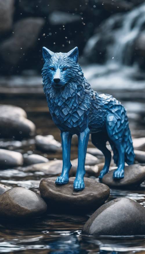 An artistic, abstract depiction of a blue wolf made of water flowing among river stones.