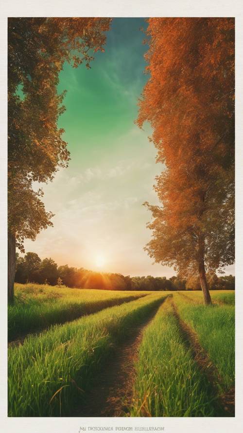 Yemyeşil bir yaz tarlasında güneş batarken canlı turuncu ve yeşil bir manzara.