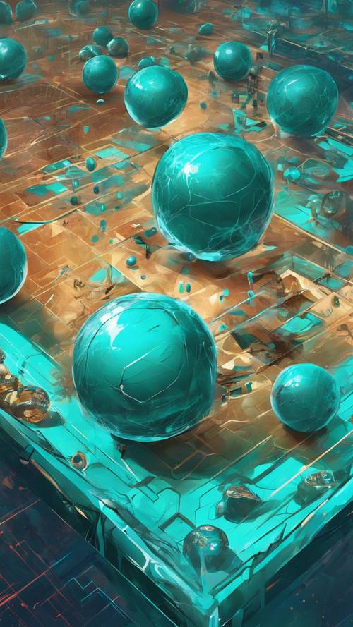 Une illustration abstraite d’un tournoi de jeu intense. Des sphères turquoise vibrantes représentent les joueurs, élaborant des stratégies autour d&#39;un plateau de jeu holographique.