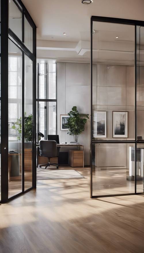 An elegant, modern office space with glass doors, hardwood floors and contemporary art on the walls.