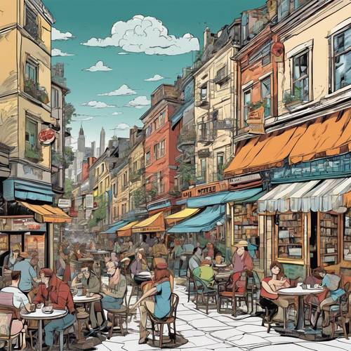 Uma rua de cidade em desenho animado repleta de cafés e bistrôs com pessoas tomando café e lendo jornais.