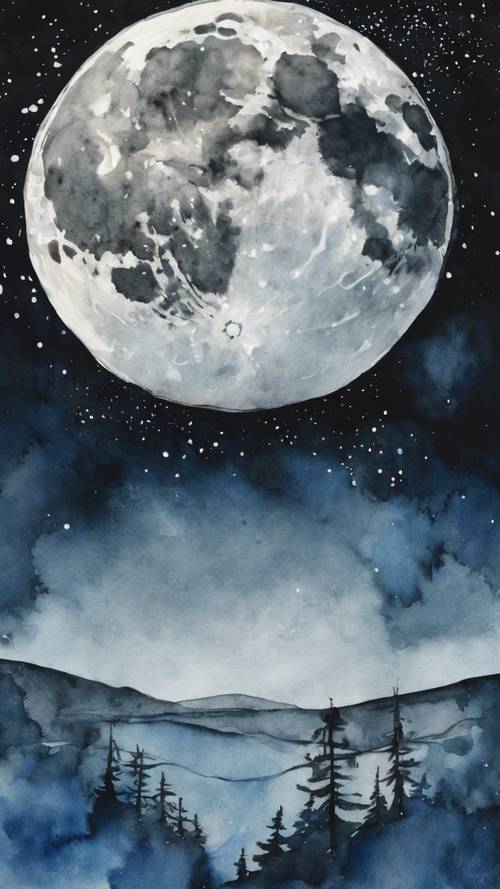 잉크처럼 검은 하늘에 떠 있는 푸른 달을 손으로 그린 ​​수채화 이미지입니다.