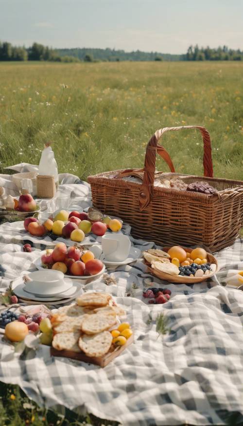 Eine weiß karierte Picknickdecke, die an einem sonnigen Tag auf einer Wiese ausgebreitet ist, dekoriert mit Körben voller Essen.