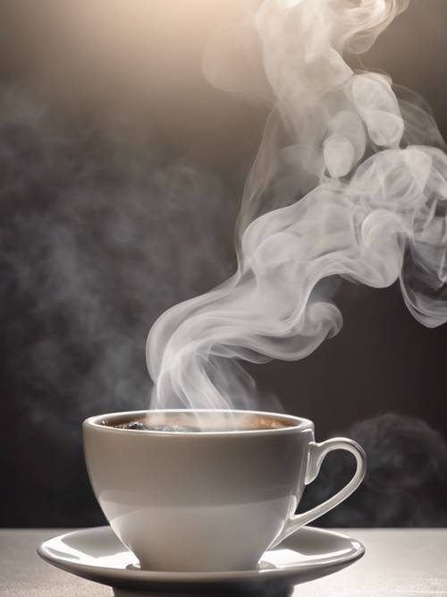 Light grey smoke wafting from a steaming cup of hot coffee.