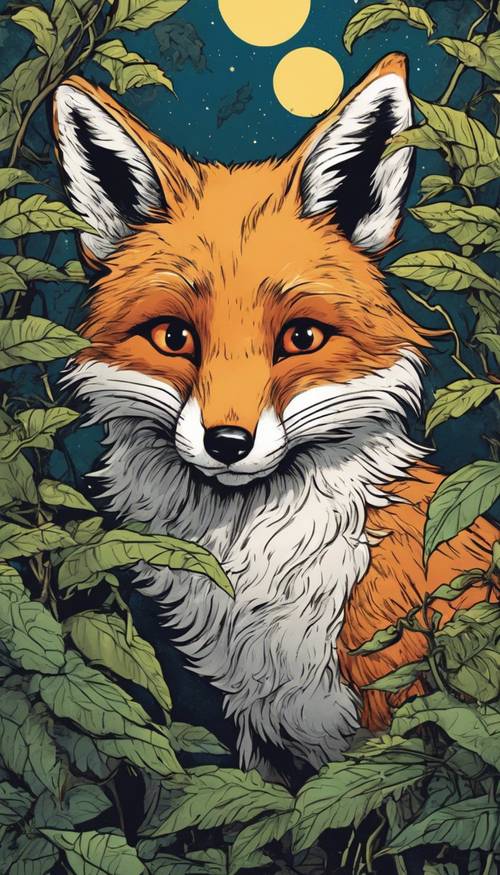 A mischievous cartoon fox slyly hiding behind the bushes under a bright full moon. Wallpaper [4b1e3f29816148b3854a]