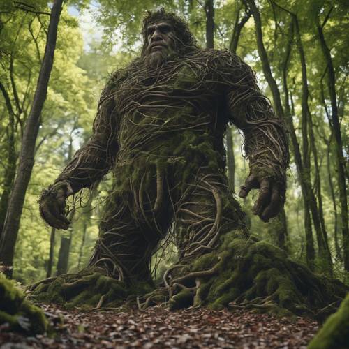 A burly giant made of twisted roots and vines, standing guard in the dense foliage of a forest.