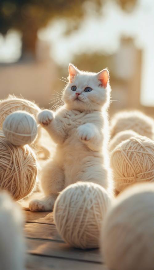 A clowder of white cats having a fun time playing with a ball of yarn under the soft glow of a setting sun. ផ្ទាំង​រូបភាព [e37fb4ec8b1743de9d70]