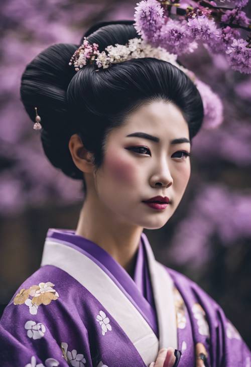 우아한 보라색 꽃으로 장식된 실크 기모노를 입은 일본의 전통 게이샤입니다.