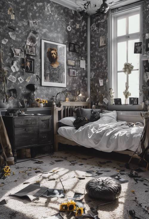 Kamar tidur gadis gotik dihiasi dengan gambar dan foto bunga matahari berwarna gelap.