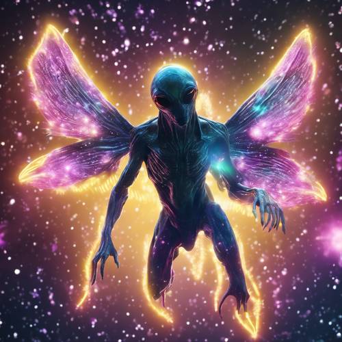 An alien creature with neon wings soaring through star-streaked cosmos