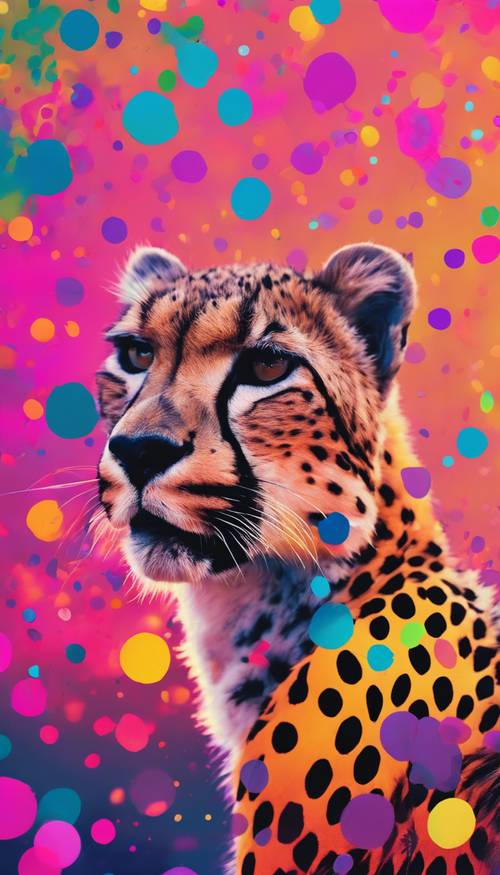 Polka-dotted artwork inspired by a cheetah's spots, in bold neon hues.