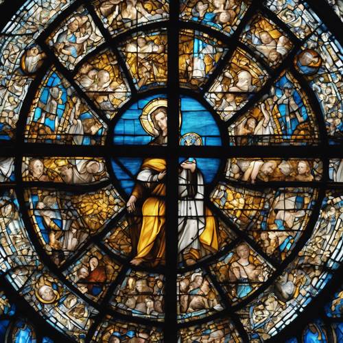 Stained glass window in a cathedral with predominantly blue and yellow hues. Tapeta [d0a651d902014d3898ca]