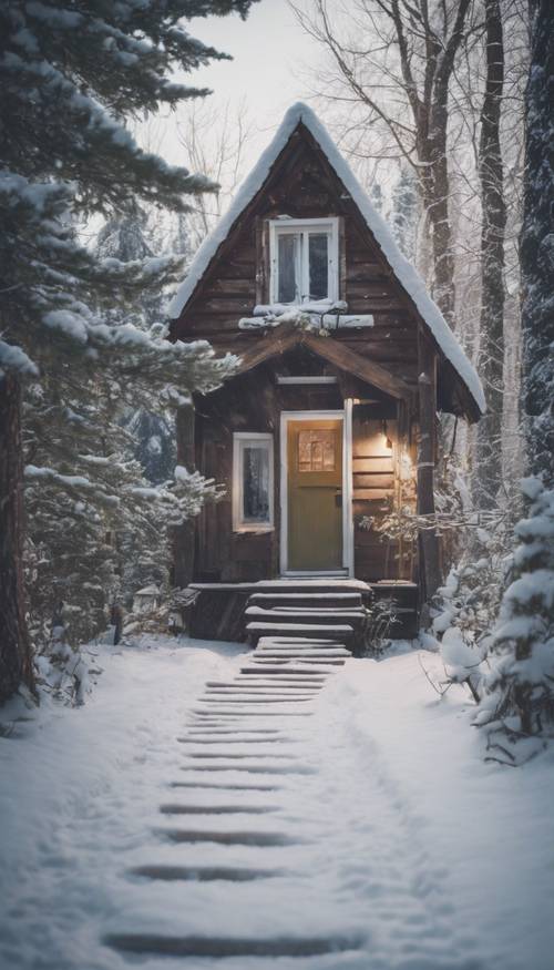 Una scia di orme che scompare nel sentiero innevato e conduce a un piccolo cottage nel bosco.