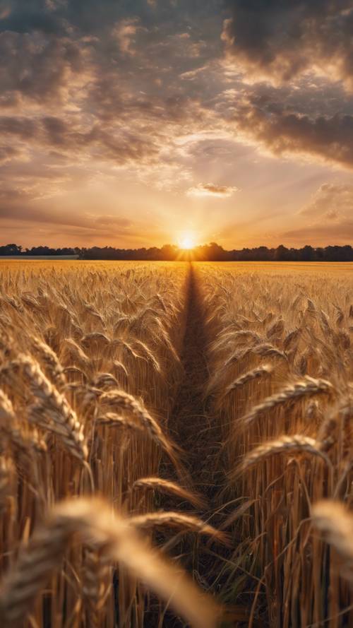 Una tranquila puesta de sol sobre un campo de trigo, con &#39;La felicidad es una elección, elígela todos los días&#39; escrito en el cielo entre la luz del sol que se desvanece.