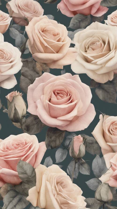 柔らかなパステルカラーで咲くバラのヴィンテージ柄の壁紙