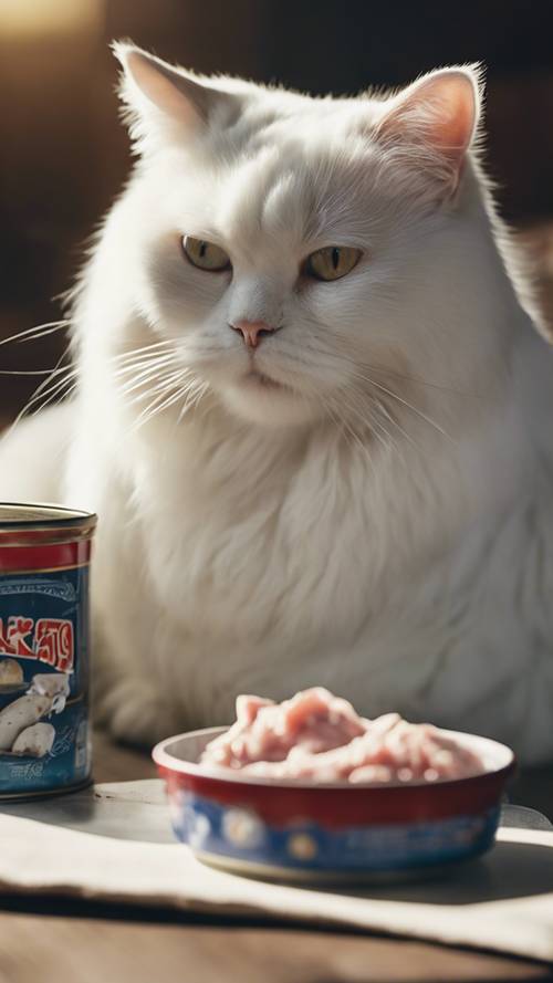 Un gato blanco regordete que mira con nostalgia una lata de atún sobre la mesa.