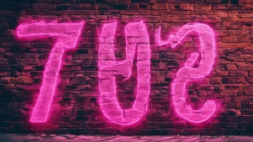 A bright neon pink graffiti on an old brick wall in an urban setting.