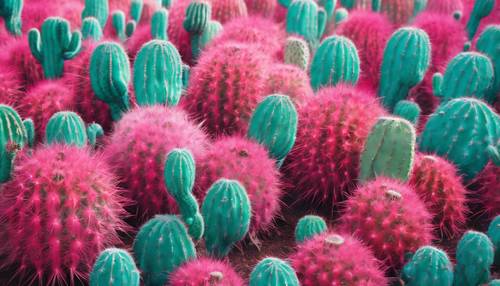 Una pintura abstracta de cactus rosados ​​arremolinados sobre un atrevido fondo turquesa.