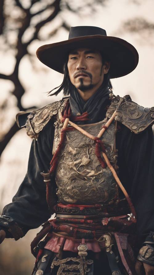 Samuray kostümü giymiş bir kovboy, atı da fantastik bir karışım için aynı derecede süslü görünüyor.