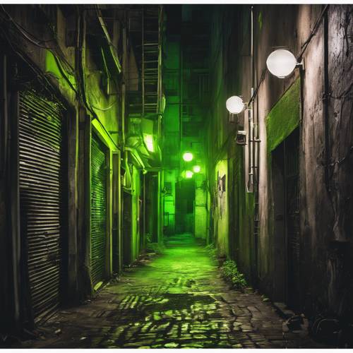 Ruelle urbaine sale éclairée par une seule lampe verte au néon.