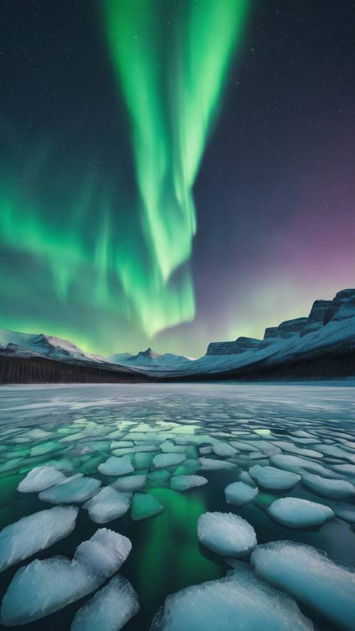Una vista de gran angular de una hipnotizante aurora boreal sobre los vastos campos de hielo vacíos iluminados únicamente por la luz de la luna.