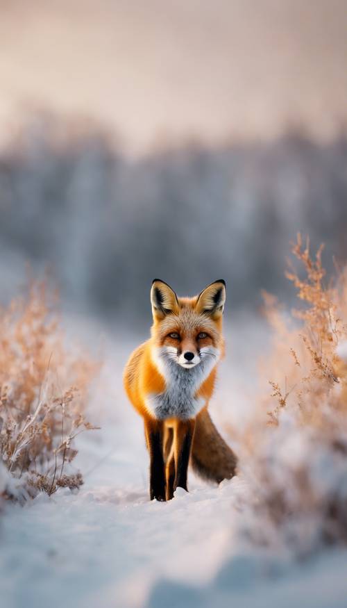 Una volpe rossa a caccia in una natura innevata allo spuntare dell&#39;alba.