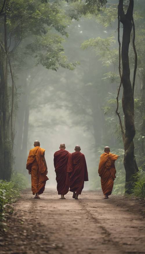 Um grupo de monges budistas caminhando em fila indiana por uma floresta enevoada à luz da manhã.