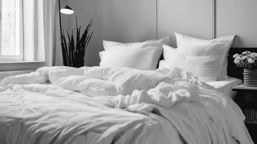 Black and white photograph of a minimalist bedroom with all-white bedding and black art pieces.