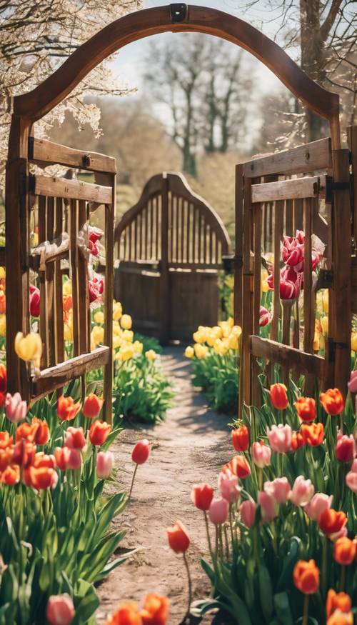 A spring garden seen through a rustic wooden gate teeming with vibrant tulips and daffodils in sunlight.