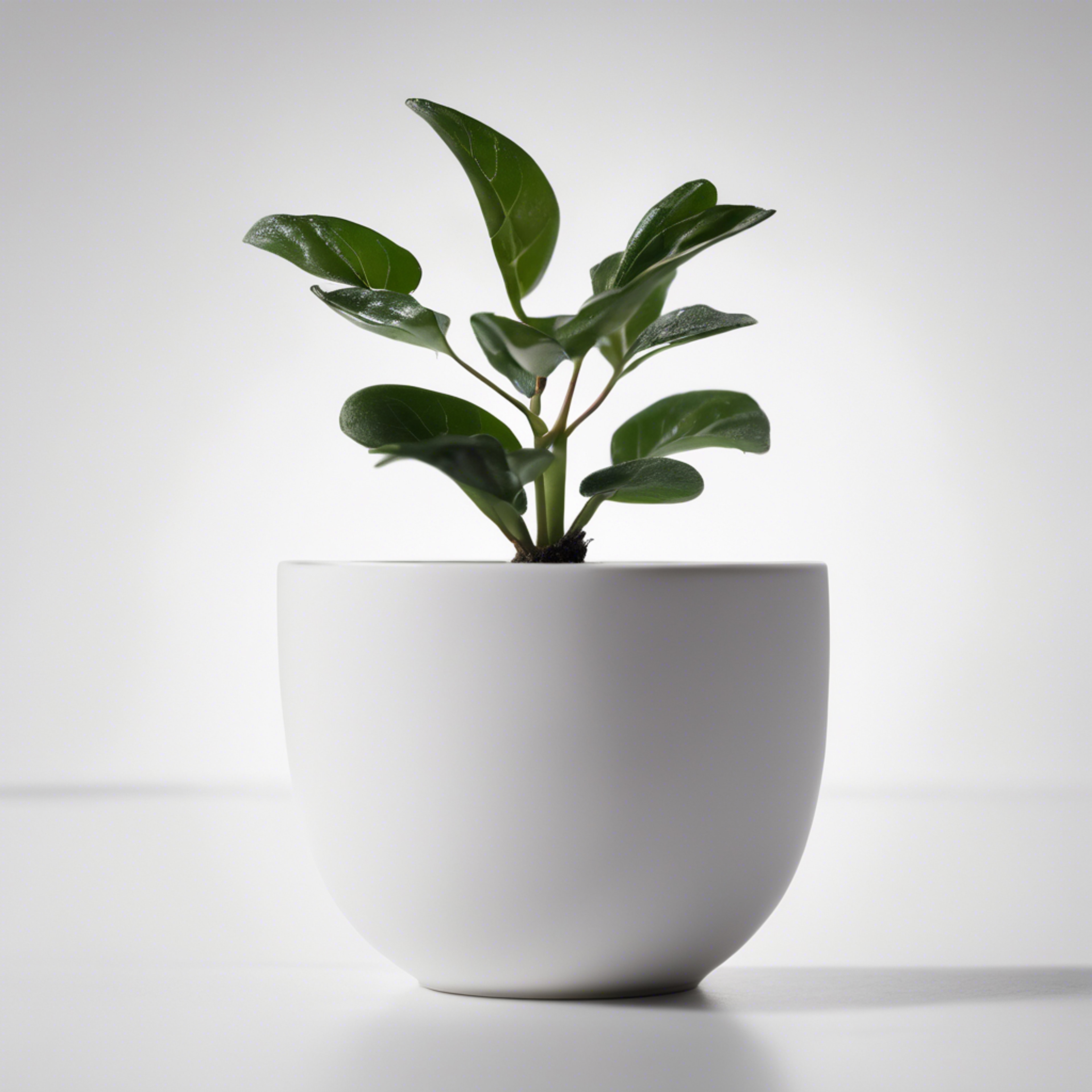 Small plant in a simple white ceramic pot against a minimalist white backdrop. Wallpaper[a9b2ed4c340742d2b1fd]