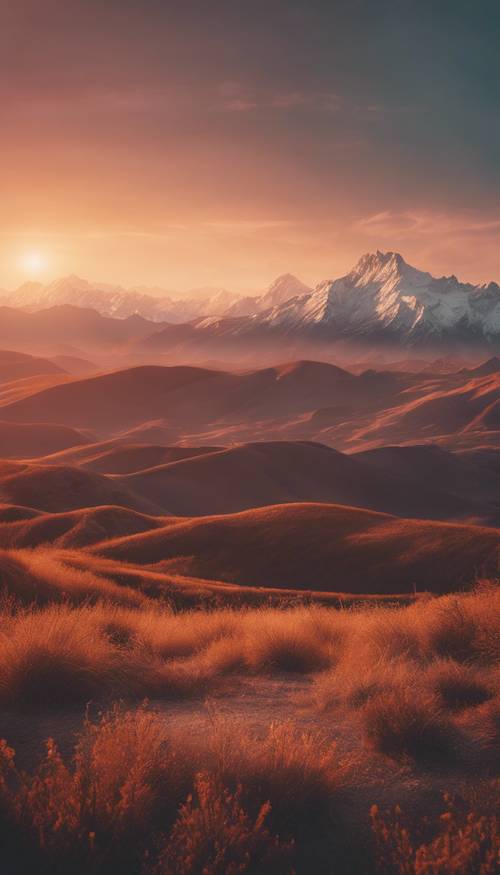 Eine ästhetische Ombre-Landschaft mit Bergen in den Farben des Sonnenuntergangs.