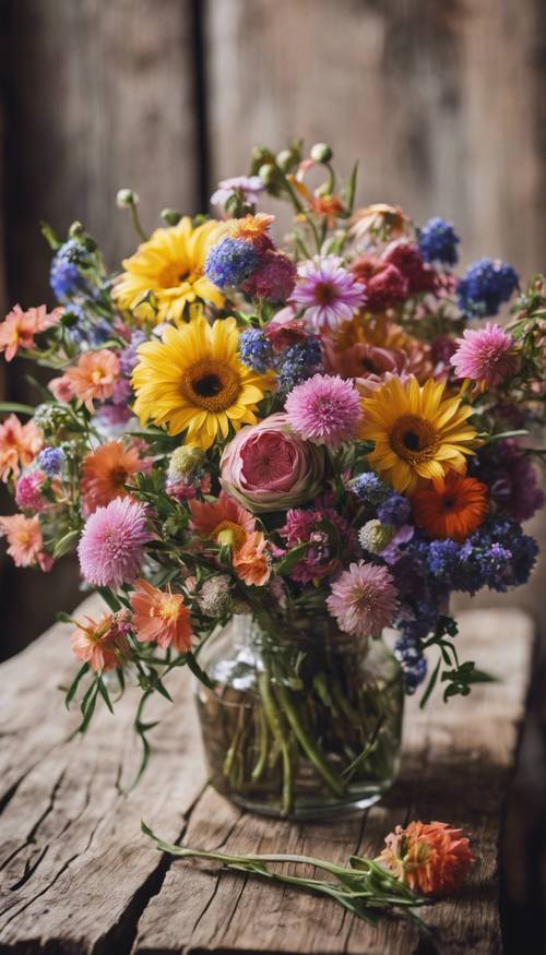A colourful bouquet of summer flowers set against a rustic wooden table.
