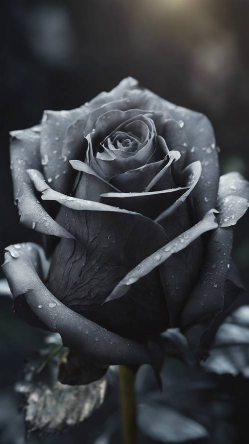 Ein grauer Totenkopf, der auf unheimliche Weise aus den Blütenblättern einer blühenden riesigen schwarzen Rose hervorragt.