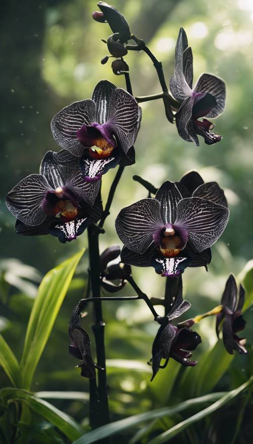 Ein Strauß schwarzer Orchideen in voller Blüte inmitten eines grünen Dschungels, im sanften Morgenlicht.