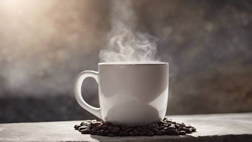 Une tasse blanche remplie de café fumant posée sur une dalle de pierre, avec une citation apaisante inscrite dans une écriture élégante.