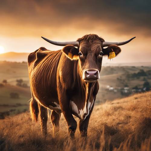 Majestatyczna brązowa krowa z wyraźnym nadrukiem, stojąca na szczycie wzgórza na tle wschodzącego słońca