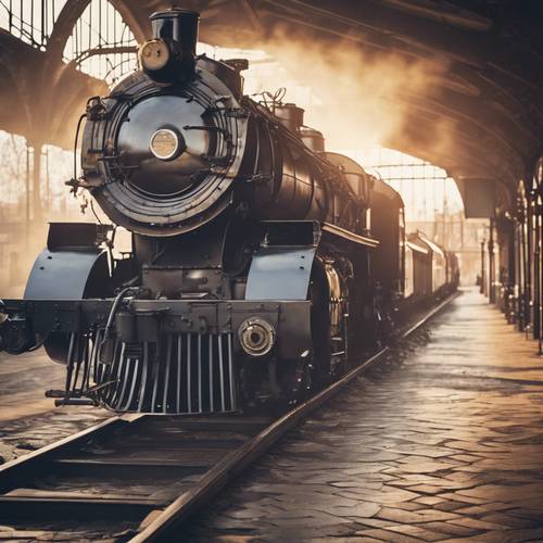 Vintage train station at dawn with an antique locomotive emitting steam.