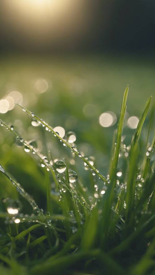 A close-up of fresh morning dew resting delicately on grass blades in a plain