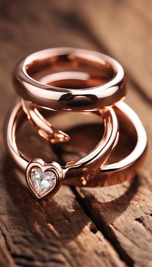 Dua cincin emas mawar berbentuk hati yang saling bertautan di atas meja kayu yang dipoles, memantulkan cahaya hangat.