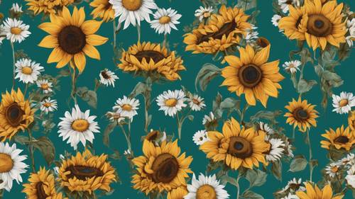 Zabawny, inspirowany sztuką ludową kwiatowy wzór ze słonecznikami i stokrotkami na bogatej turkusowej bazie.